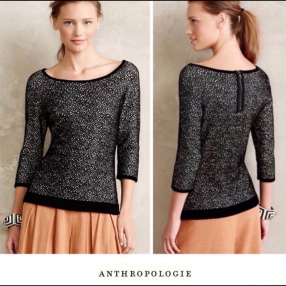Anthropologie Moth Lana Black & Ivory 3/4 Sleeve Boatneck Sweater Size Medium